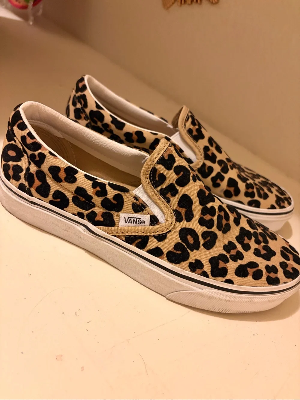 Vans Leopard Print Slip-On Sneakers - Tan & Black womens 7.5 mens 9